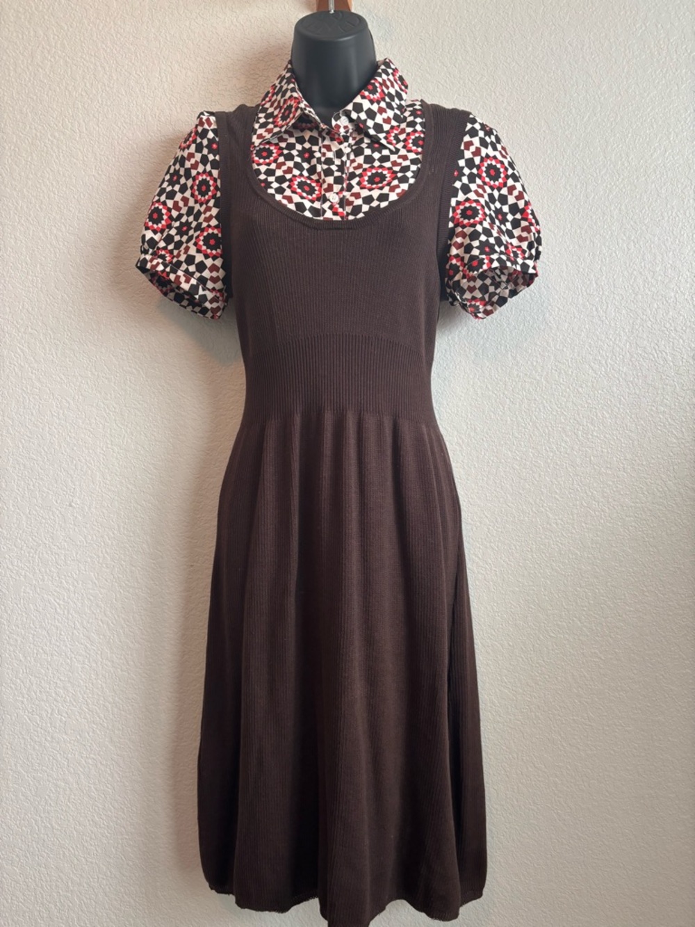 Tory Burch Brown Knit Midi Dress with Printed Puff-Sleeve Blouse